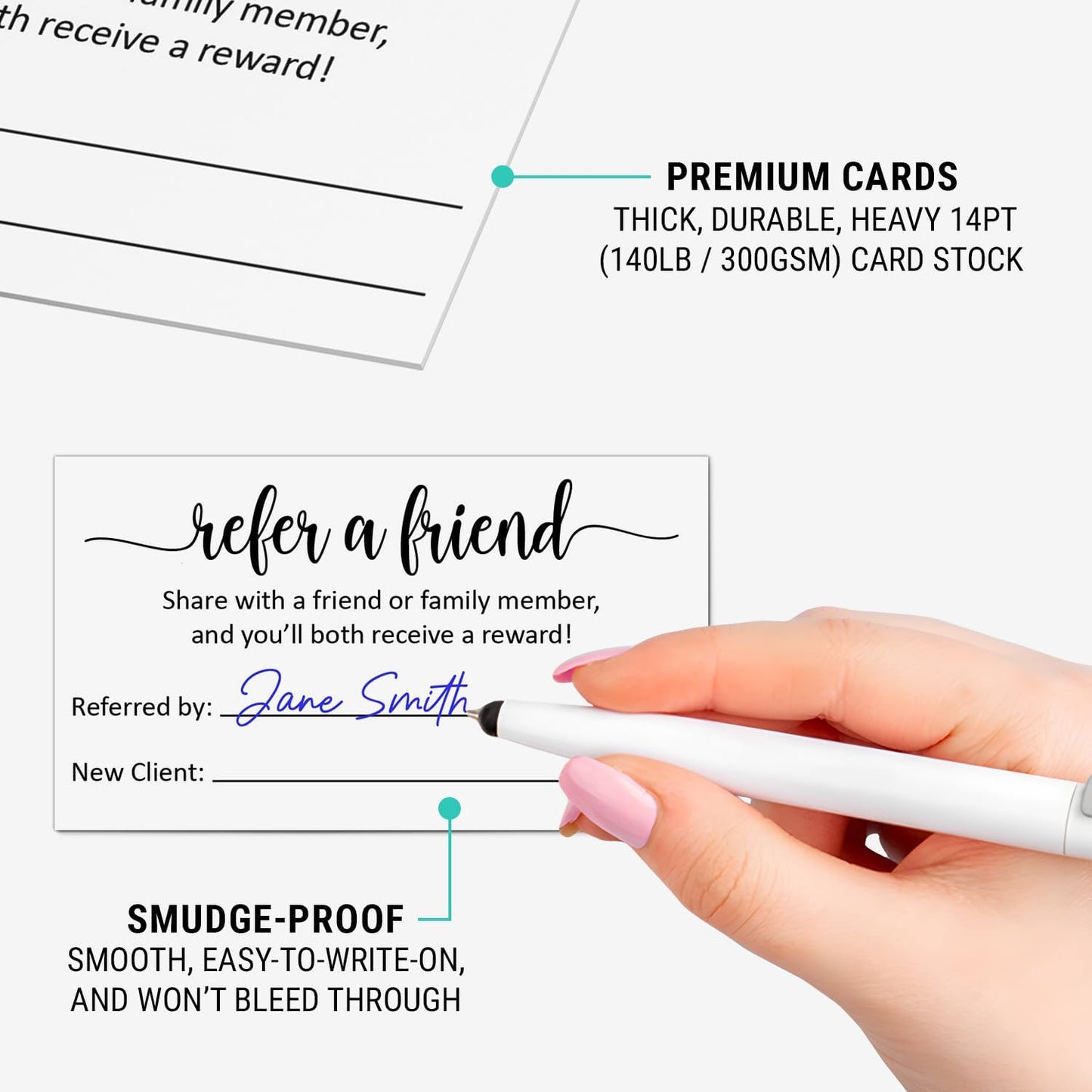 321Done Refer a Friend Card, Made in USA - 3.5x2 White, Customer Referral Discount Cards, Reward for Small Business Referrals Salon Spa - Set of 50