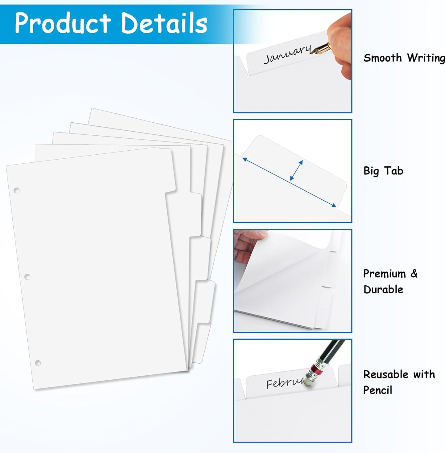 Binder Dividers for 3 Ring Binder, 1/5 Cut Tabs, Letter Size, Blank Write On Page Dividers with 5 Big Tabs for School Office Home, 4 Sets, 20 Dividers, White