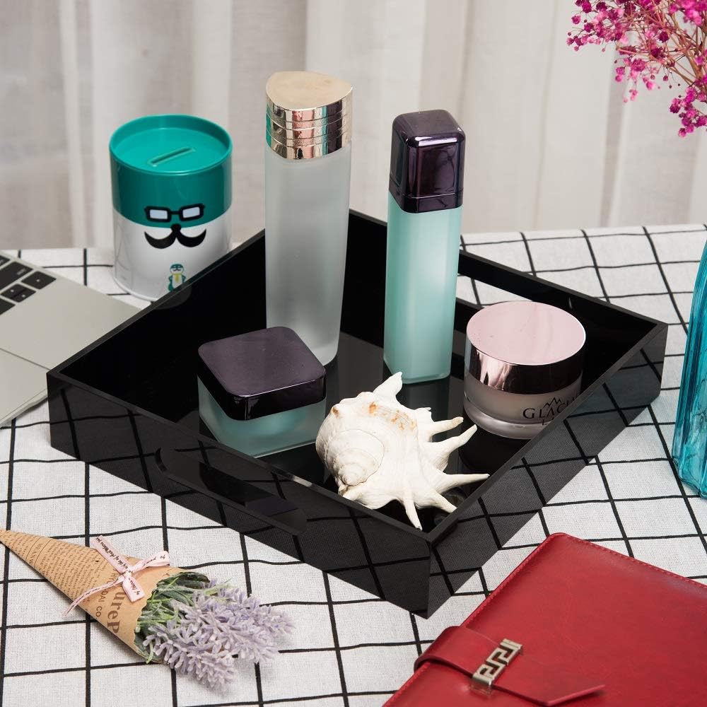 Glossy Black Sturdy Acrylic Serving Tray with Handles-10x10Inch-Serving Coffee,Food,Breakfast,Butler-Kitchen Countertop Tray-Makeup Drawer Organizer-Vanity Table,Ottoman Tray-Decorative Tray