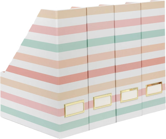 BLU MONACO Set of 4 Foldable Magazine Holders in Pastel Stripes – Sturdy Cardboard Vertical Organizers with Label Holders – Office File Storage Box, Desk Organizer, Paperwork and Document Holder