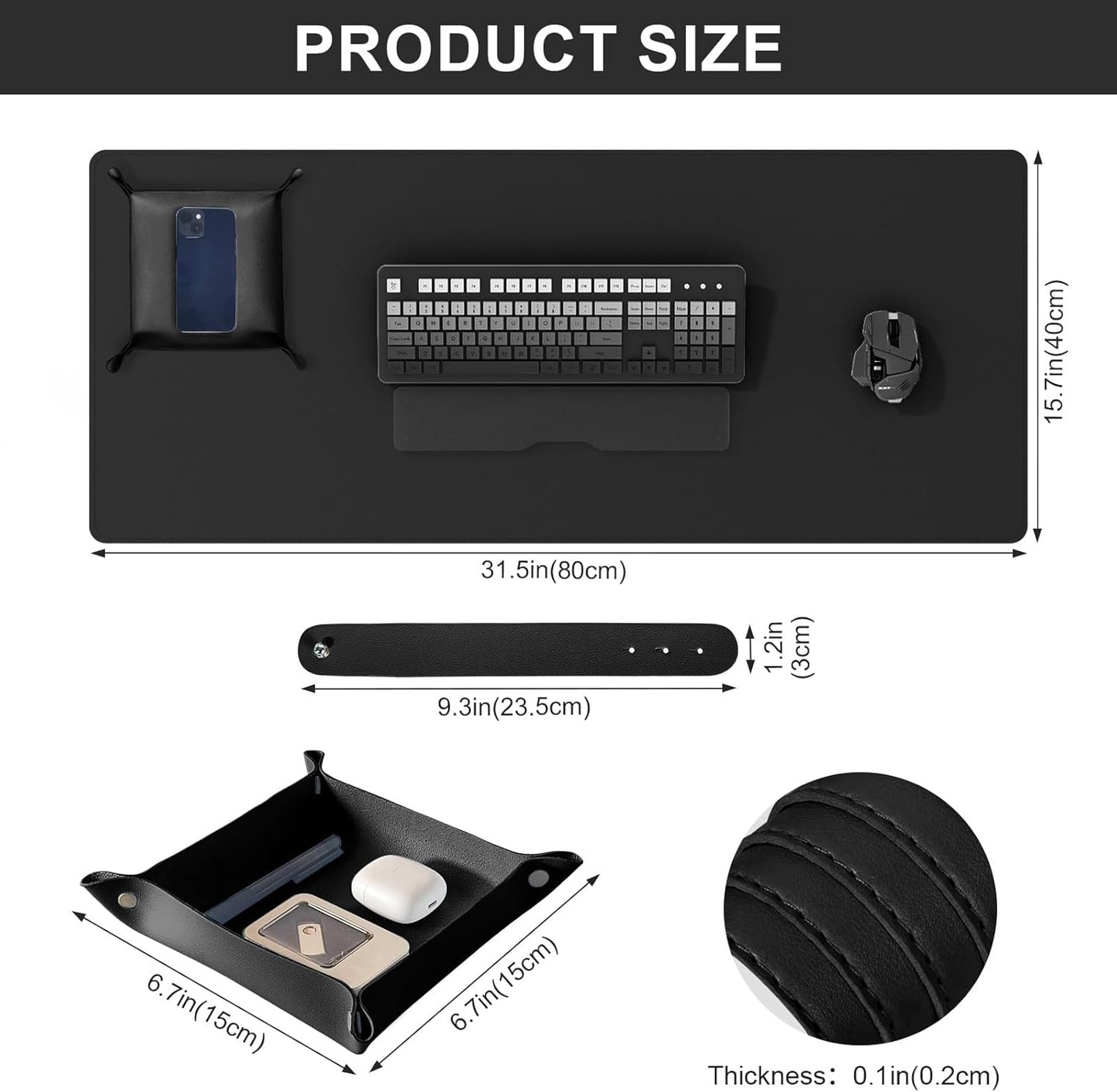 DAWNTREES Dual Sided Desk Mat,Leather Desk Pad,Black Cork Desk Mat Protector,with PU Leather Valet Tray Organizer,Large Mouse Pad,Desk Writing Pad for Office and Home(31.5"x15.8")