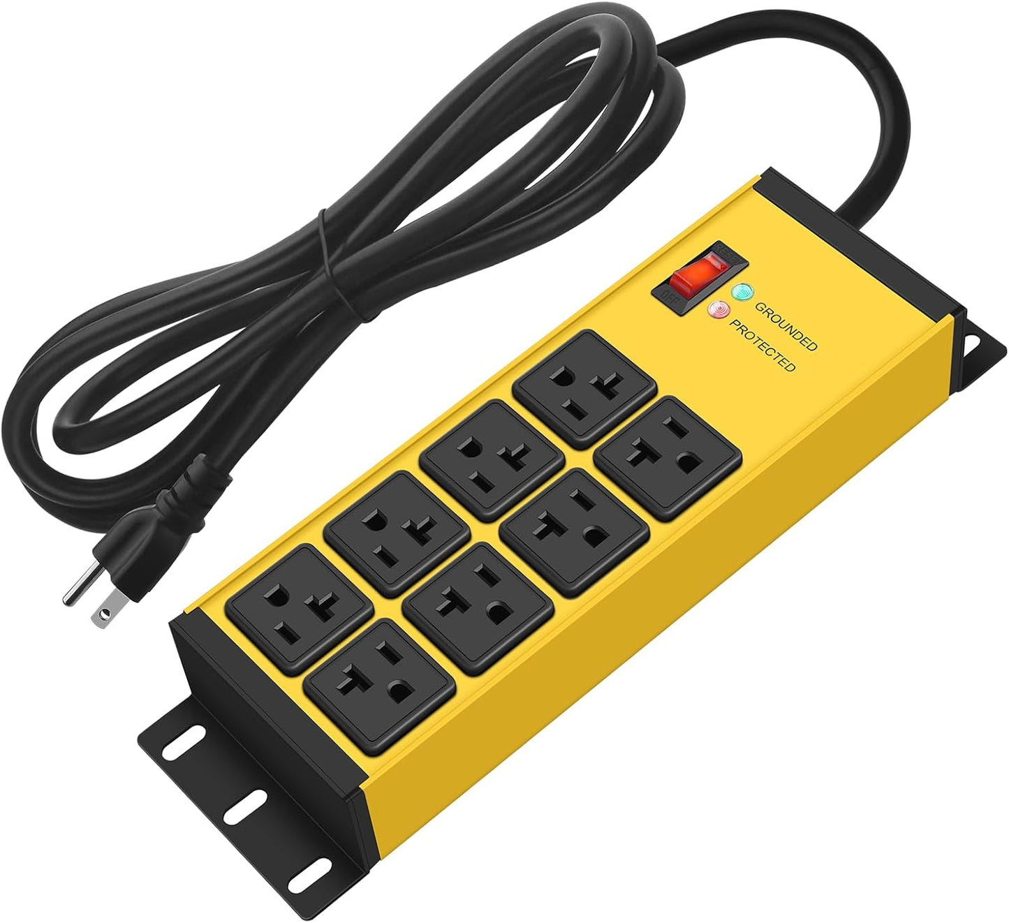 CCCEI Magnetic Heavy Duty Power Strip Surge Protector 20Amp, 12 Gauge High Amp Extension Outlets, Garage Wall Mount 8 Plug Metal Power Strip. 10FT, Yellow, 5-15P Adapter 6-20R T-Slot 20a for Appliance