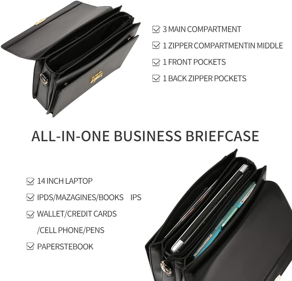 Briefcases for Men Business Mens Leather Briefcase Locking Black Laptop Messenger Bag Lawyer Hard Case