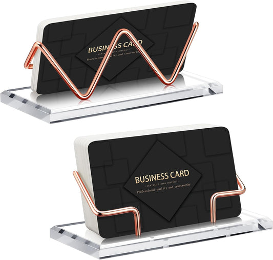 Amyhill 2 Pieces Acrylic Business Card Holder for Desk Clear Horizontal Business Card Display Stand Postcard Holder for Office Home Desktop (Rose Gold)