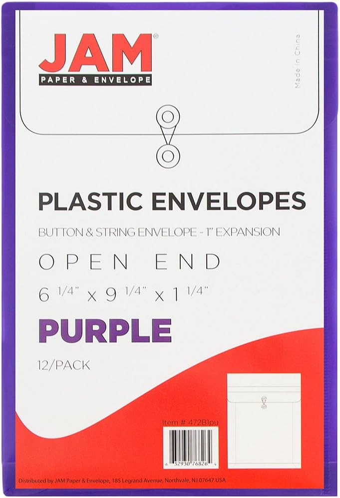 JAM PAPER Plastic Envelopes with Button & String Tie Closure - 6 1/4 x 9 1/4 - Purple - 12/Pack