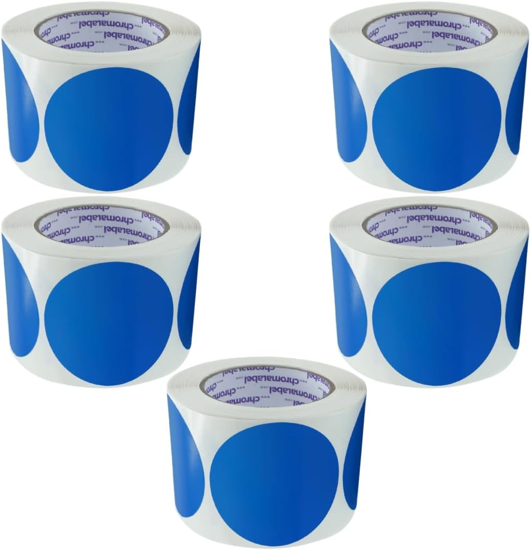 ChromaLabel 3 Inch Circle Sticker Labels, High Visibility Round Colored Stickers, Permanent Adhesive Labels - 500 Colored Sticky Dots per Roll, Dark Blue Label - Case of 5