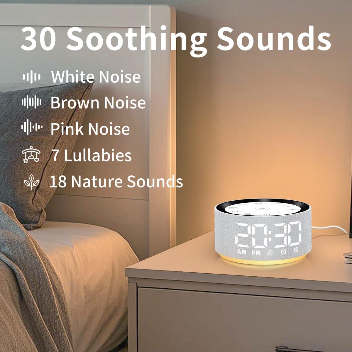 Brown Noise Machine Bedroom Alarm Clock Sound White Noise Machine Night Light with 30 Sleeping Sounds for Baby Kids Adults 2 Alarms Backup Battery 32-Level Vol 15 Wake up Sounds for Mild Heavy Sleeper