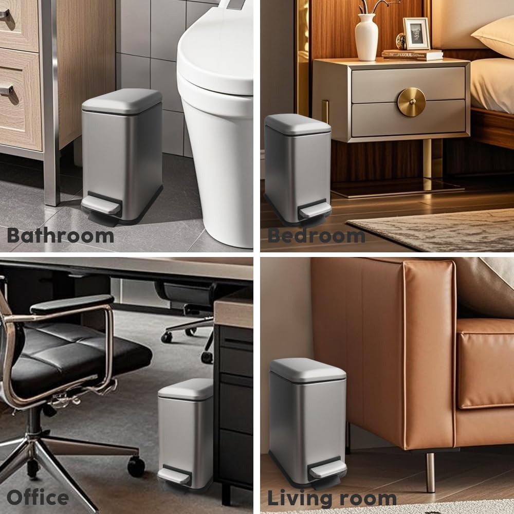 Bathroom Trash Can with Lid，5 Liter / 1.3 Gallon Small Trash Can with Removable Liner, Soft Close lid & Step Pedal, Stainless Steel Trash Bin for Bathroom,Bedroom,Home Office, Kohler Grey