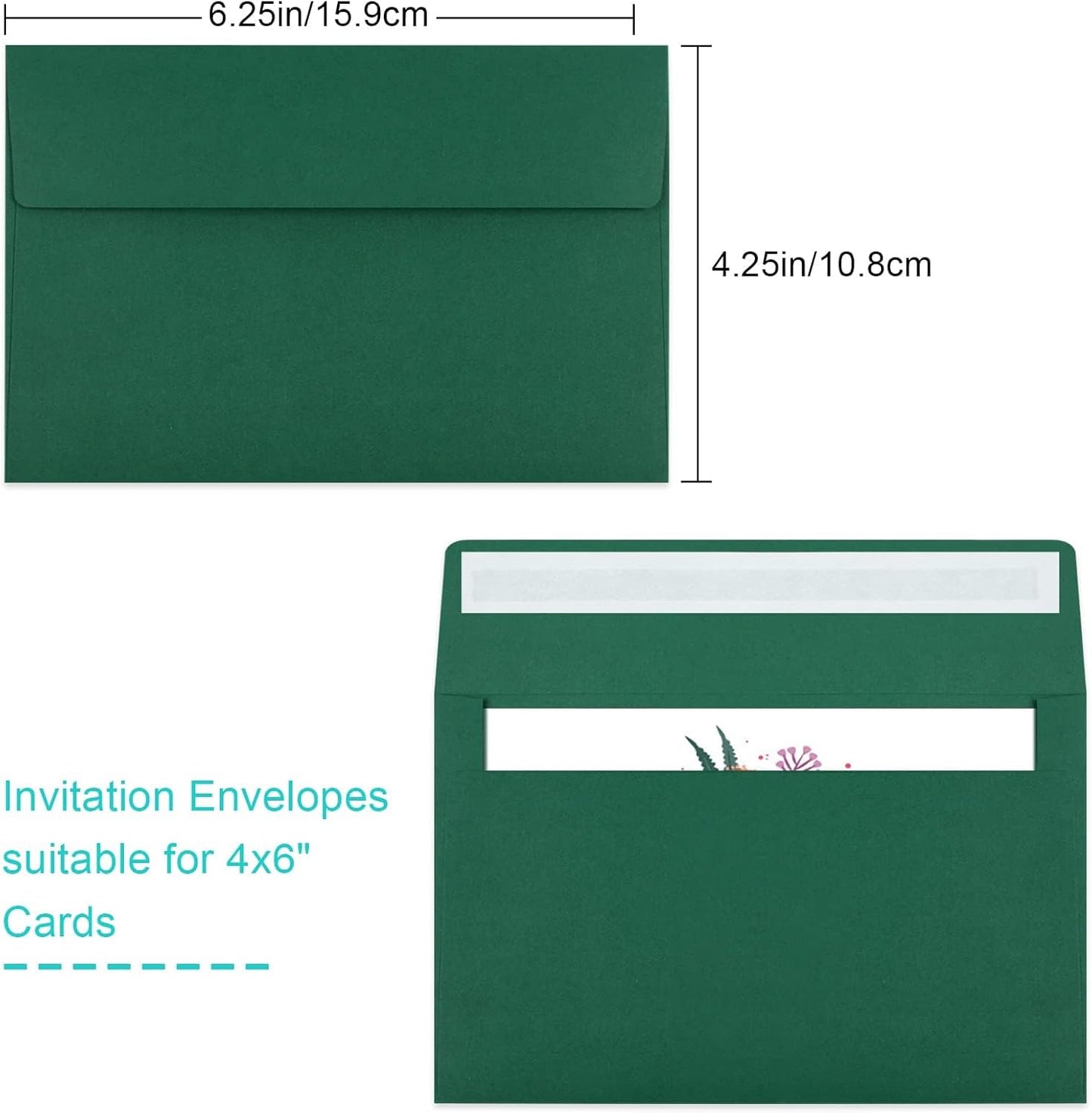 65 Pack Dark Green Self Seal Envelopes - A4, 4x6 Sizes for Invitations, Weddings, Photos, Greeting Cards & Mailing