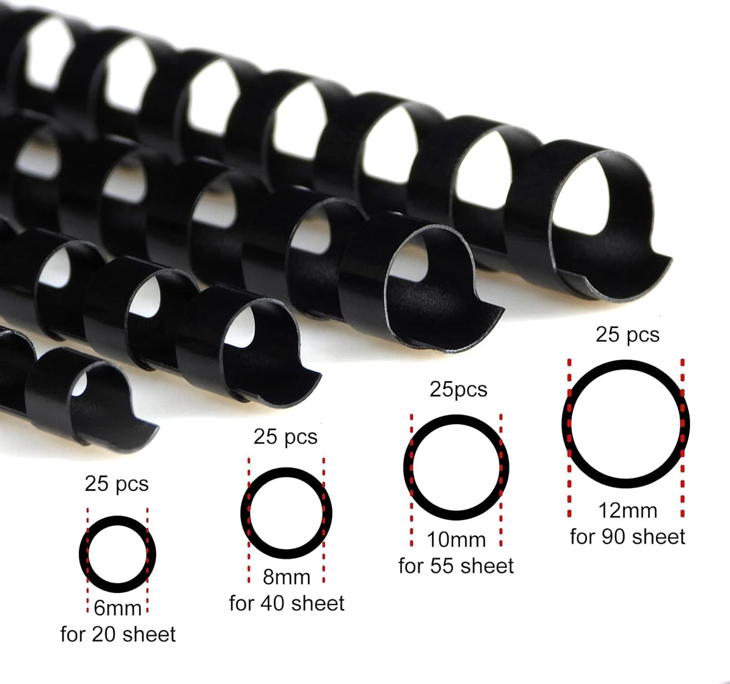 CR21-681012BK Binding Combs Plastic 21 Ring 25-90 Sheet Capacity, Max Binding A4 Size Paper, 1/4in, 5/16in, 3/8in, 1/2in, Black Multi-Size Pack of 100