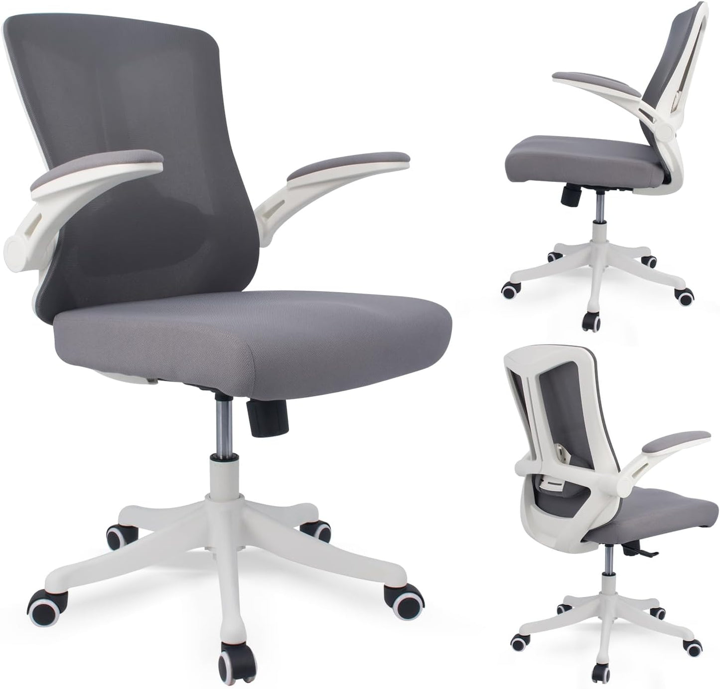 Ergonomic Comfort Home Desk Office Chair, Mid Back Computer Gaming Chair with Wheels, Adjustable Height, Lumbar Support, Flip-up Armrest with 350LBS Capacity (White Grey)