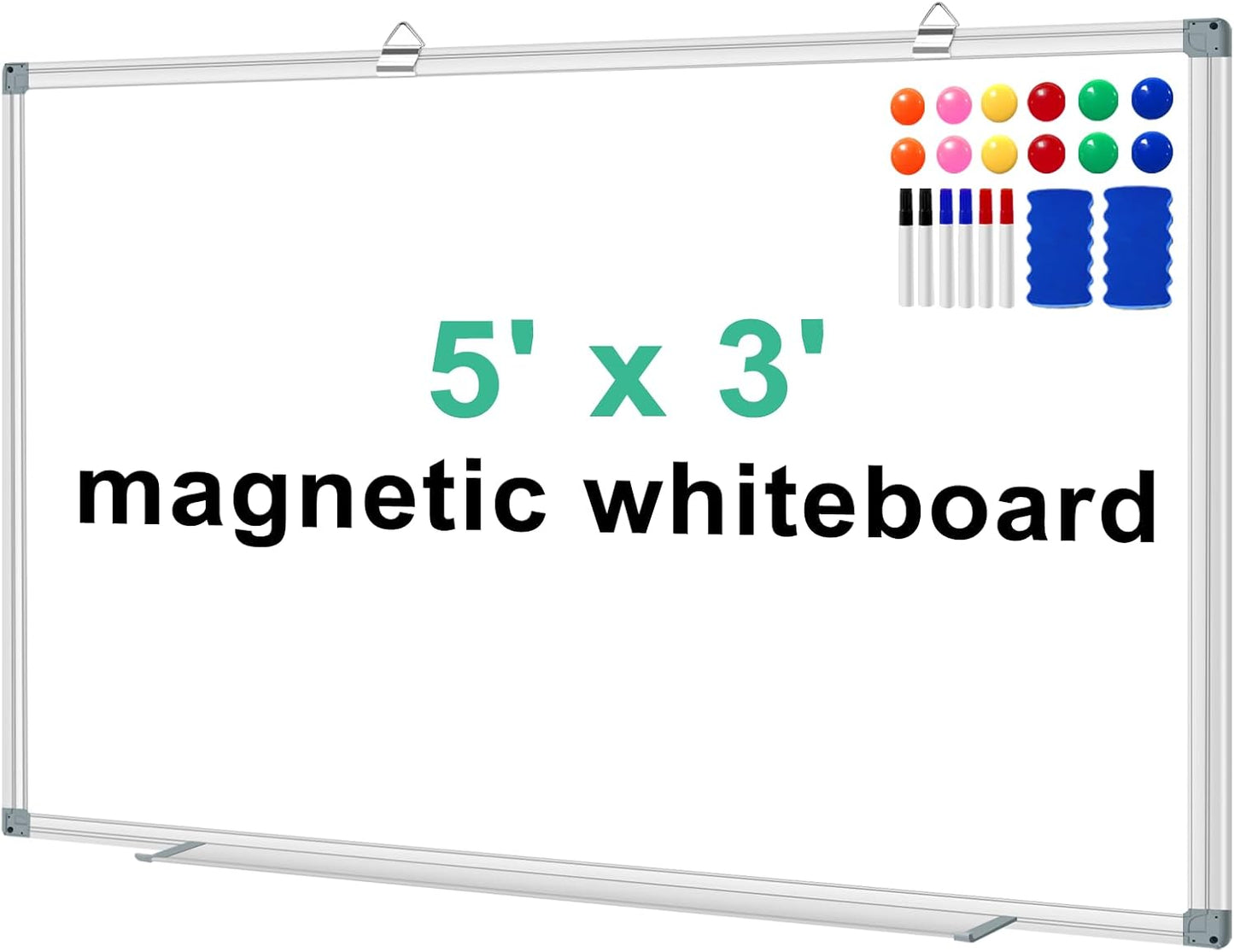 H-Qprobd White Board Dry Erase Boards for Wall 5' x 3' Magnetic Whiteboard - 60"x36" Aluminum Presentation Large Whiteboard with Long Pen Tray, 6 Markers, 2 Erasers &12 Magnets