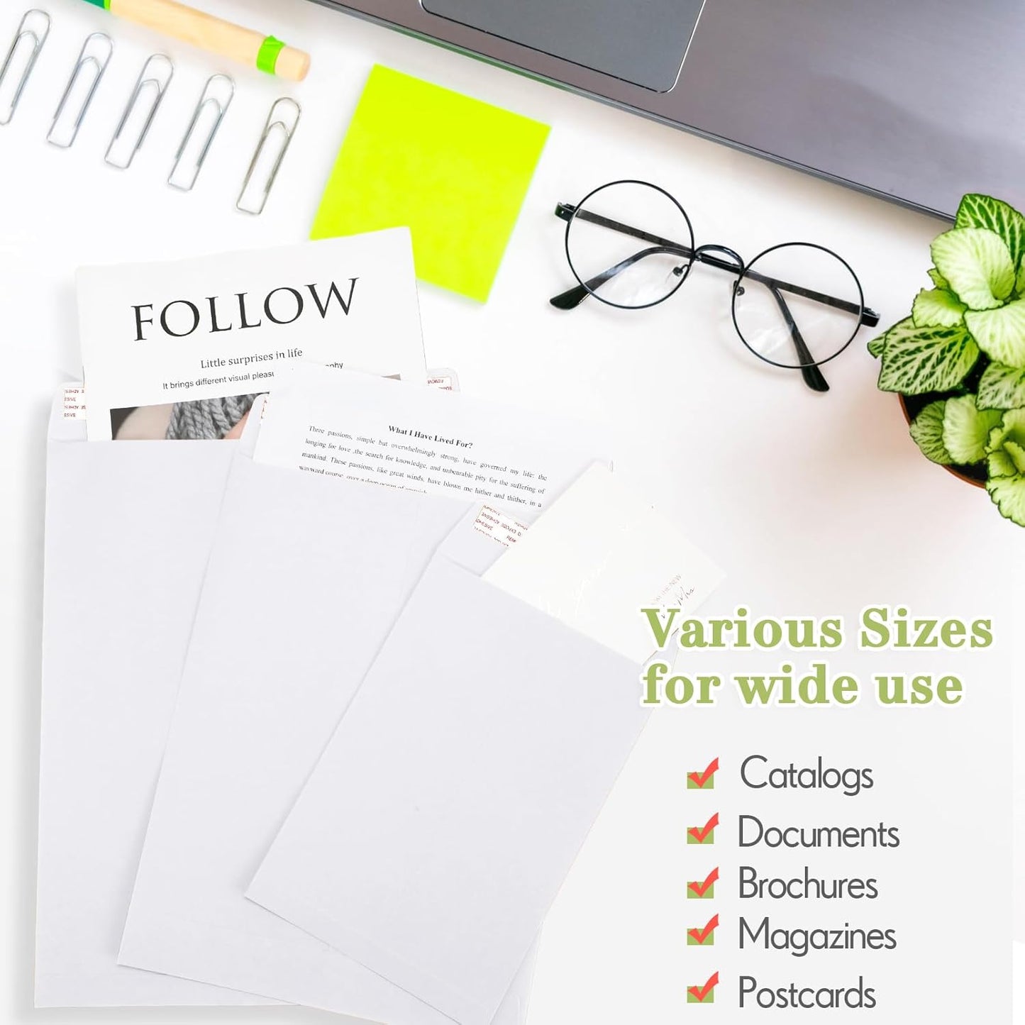 100 Pcs 3 Sizes Catalog Mailing Envelopes, Peel and Seal, Anti Tear Kraft Paper Printable Catalog Envelope for Filing, Storing or Mailing Documents, 6 x 9 In, 9 x 12 In, 10 x 13 In (White)