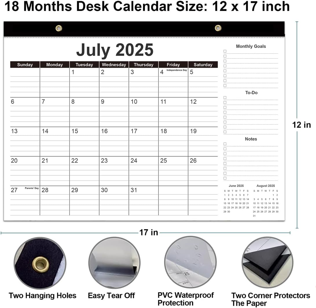 Desk Calendar 2025-2026 - 18 Months Calendar from September 2025 to December 2026, 2025-2026 Desk Calendar with Thick Paper, 12" x 17", Black