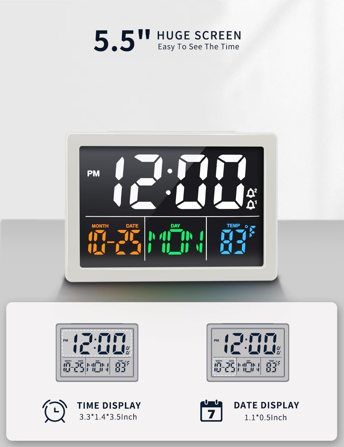 Digital Alarm Clock, with 5.5" Large LED Time Display, Adjustable Alarm Volume, 6 Level Brightness, Alarm Settings, USB Charger, Temperature Detect, Snooze, Clocks for Bedroom, Bedside, Desk, White