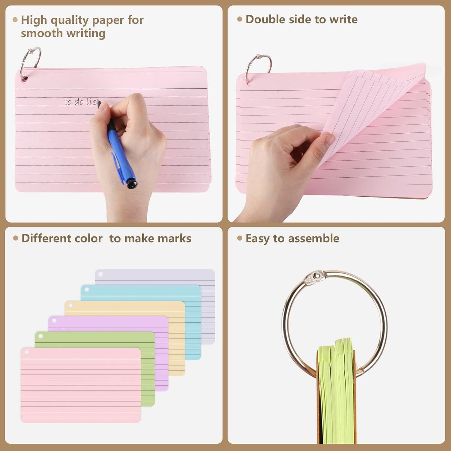 6 Pack 360 Pcs Lined Index Cards 5 x 8 Inches, Assorted Colored Flash Cards with Ring, Lined Note Cards Study Flashcards for School, Office, College