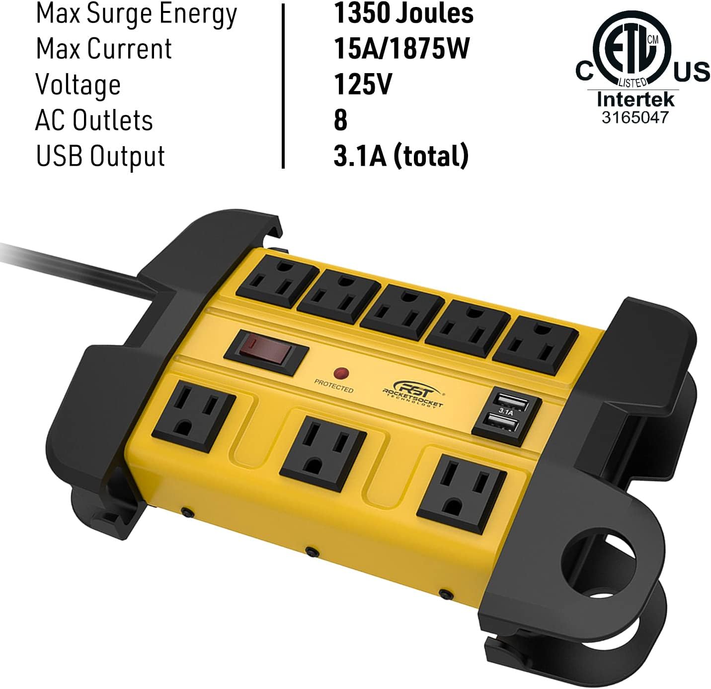 Heavy Duty Surge Protector Power Strip with 2 USB Ports, CRST 8-Outlet Metal Industrial Power Block with 15A Circuit Breaker, 6ft Extension Cord, 1350 Joules for Workshop, Garage, Office, Shop…