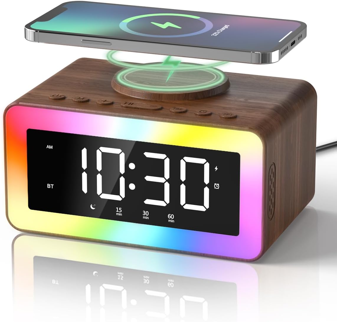 Alarm Clock with Wireless Charging, White/Brown Noise Sound Machine, Bluetooth Speaker Night Light, Wooden Digital Alarm Clocks for Bedrooms,Wireless Charger for iPhone, Birthday Gifts for Men Women
