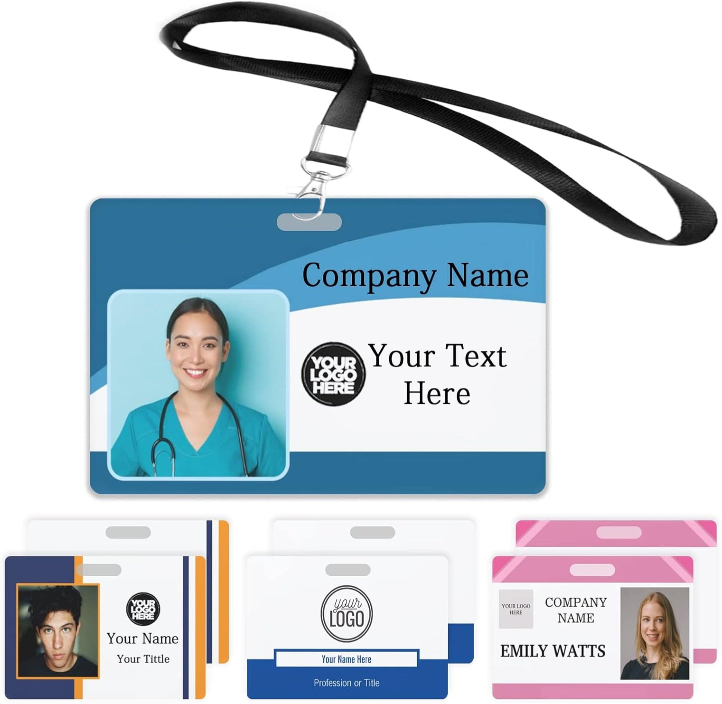 Custom Id Badge, Personalized Employee Photo Identification Card with Lanyard, Durable ID Card for Office Worker Doctor Nurse Student-Horizontal-Template1