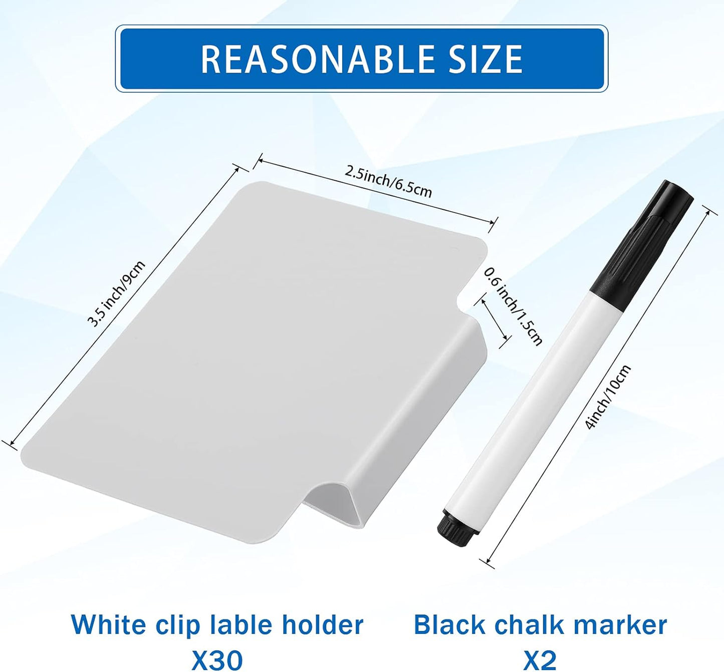 32 Pieces Basket Labels Clip Set, Include 30 Kitchen Clip Label Holder Removable PVC Bin with 2 Chalk Marker for Basket Pantry Organization Box (White Label Clip, Black Pen)