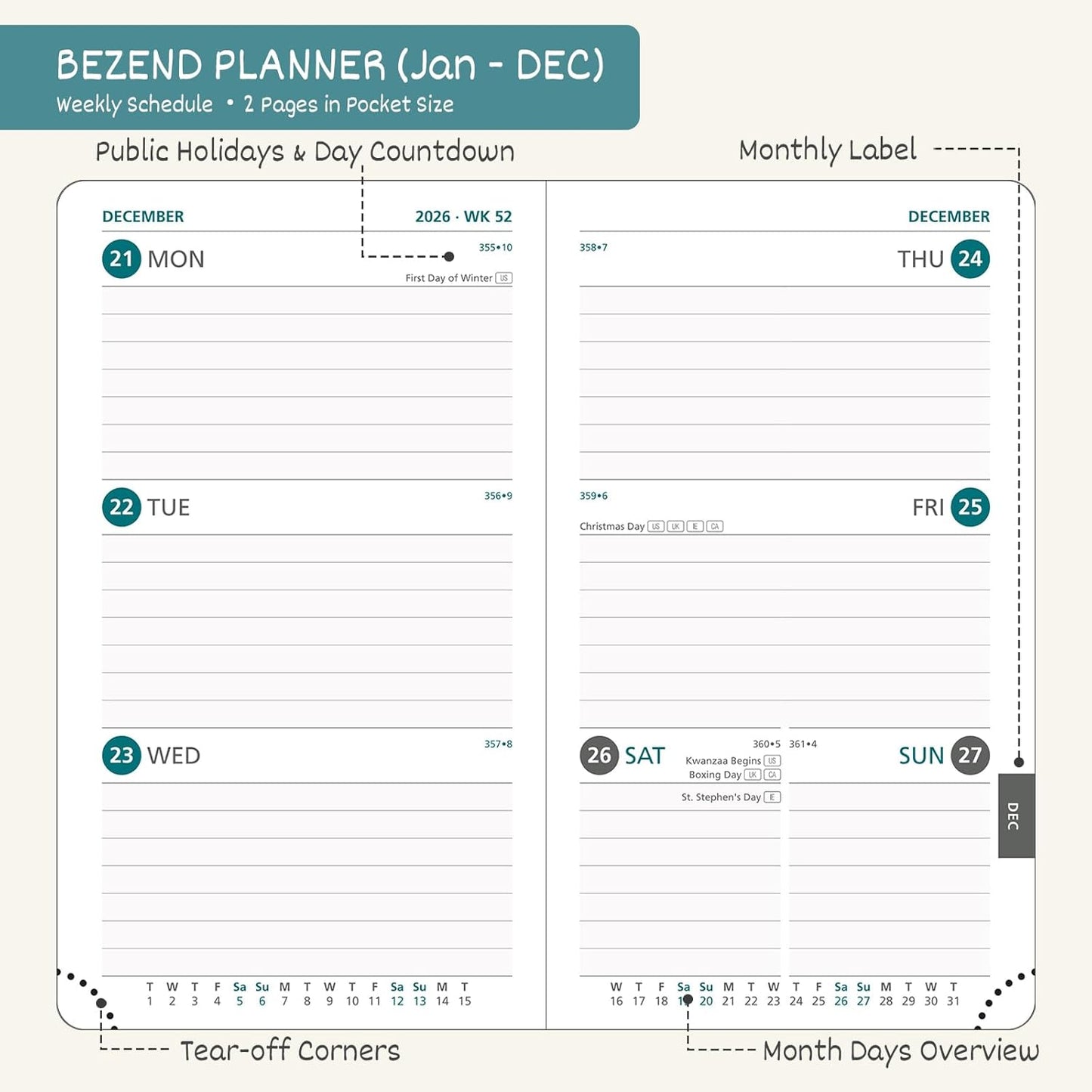 BEZEND Pocket Calendar 2026 Weekly and Monthly (3.5" x 6") Small Daily Planner for Purse (Jan-Dec) with Notes & Expenses, Inner Pocket, Pen Holder, Vegan Leather Hardcover - Blueberry