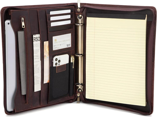 Genuine Leather Portfolio with 3 Ring Binder, Full Grain Leather Padfolio Zippered, A4 Notebook Holder Laptop Sleeve Professional Folder Organizer Gift for Men and Women, Dark Brown