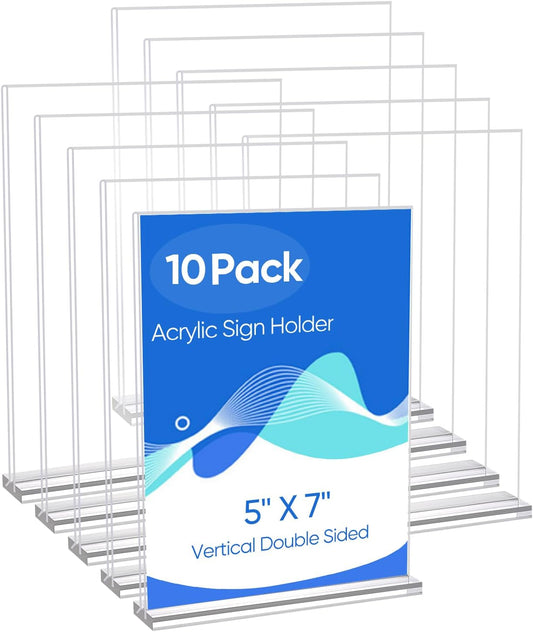 10 Pack Acrylic Sign Holder 5 x 7, Clear Double Side T Shape Acrylic Table Sign Stands for Displaying, Flyer Holder Paper Card Holder for Office Business Store Mall Restaurants