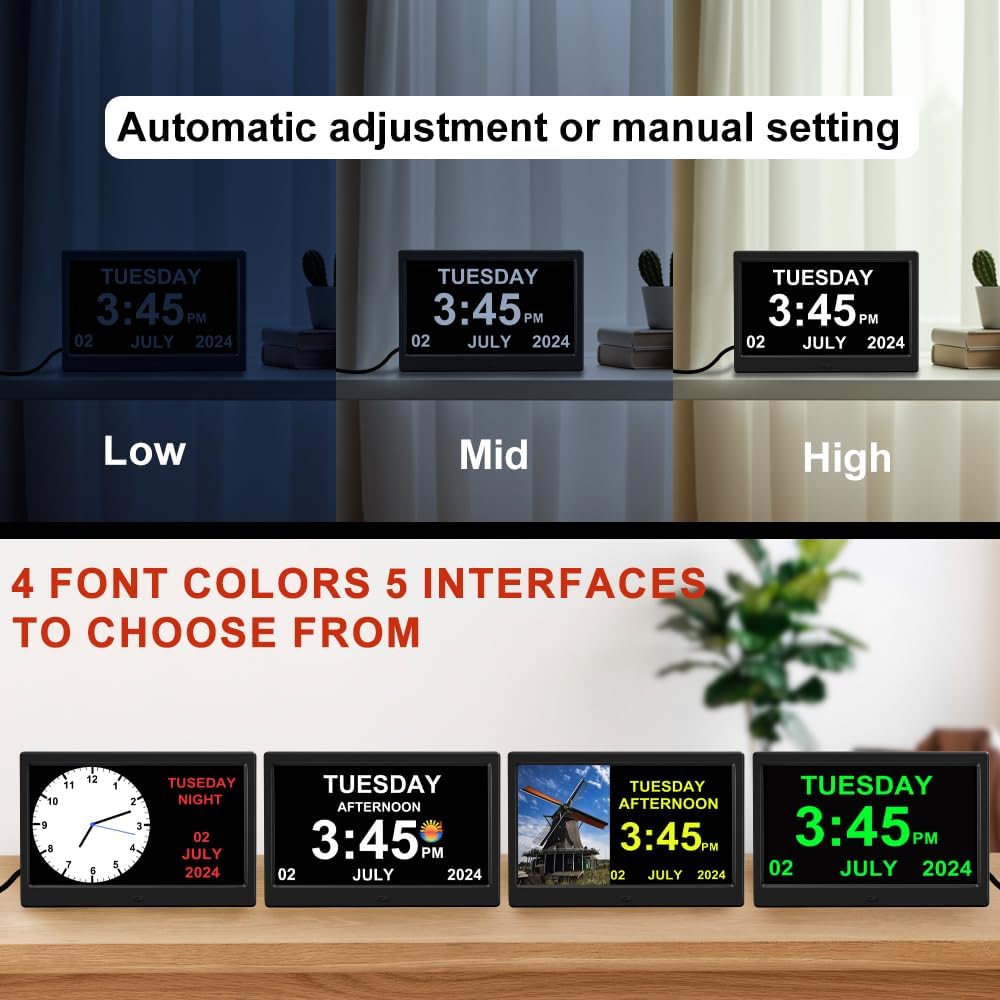 Alarm Clock with Day and Date for Elderly Digital Calendar Clock Photo Frame- Auto Dimmable Display 15 Alarm Options (10 Inch Black)