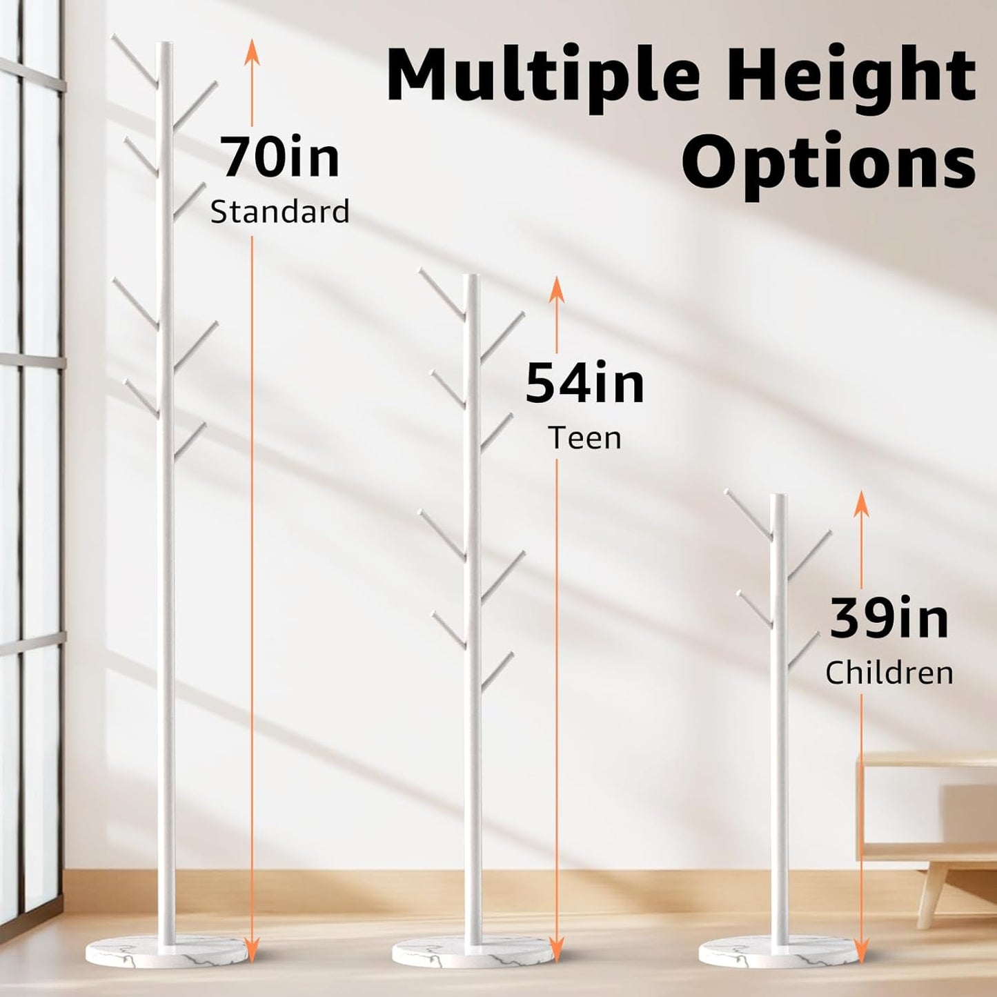 Coat Rack with Natural Marble Base, Metal Freestanding Coat Rack with 8 Hooks, 3 Adjustable Size Sturdy Coat Tree for Bags, Coats, and Hats for Entryway, Hallway, Bedroom, Office, White
