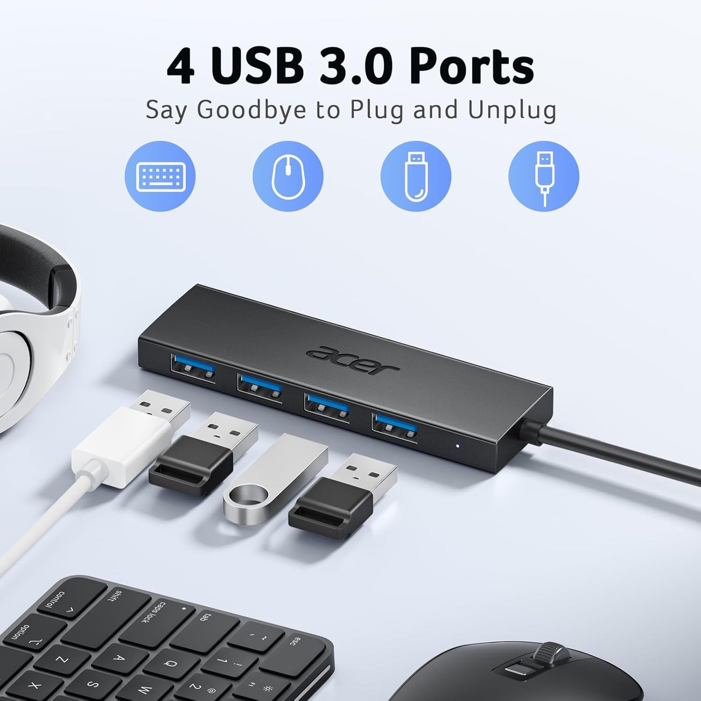 Acer USB C Hub 4 Ports, Multiple USB 3.0 Hub, USBC Splitter for Laptop with TypeC Power Port, Extender for Type C Port Laptop, PC, Desktop and More (USB-C, 2ft)