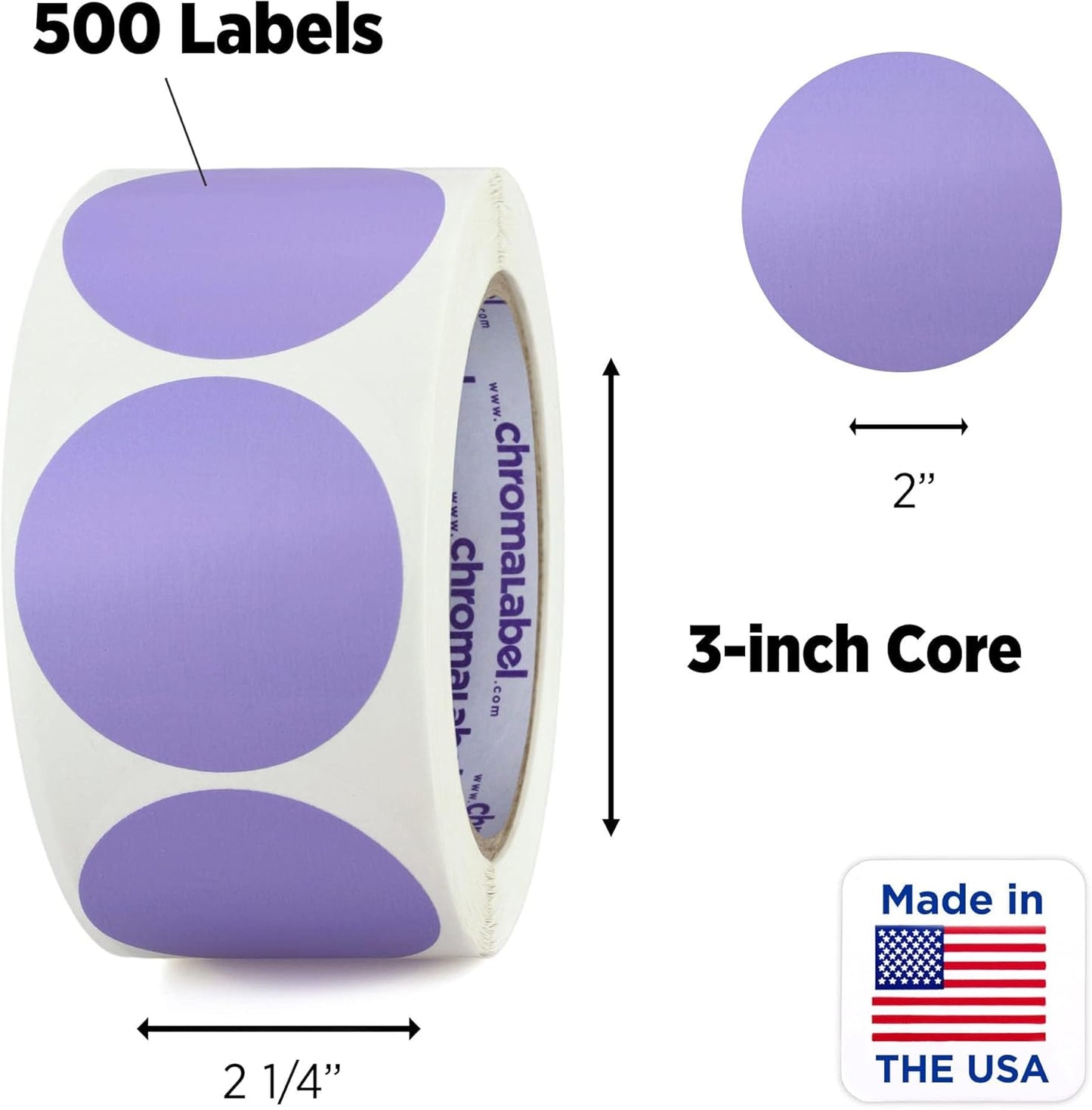 ChromaLabel 2 Inch Round Label Permanent Color Code Dot Stickers, 500 Labels per Roll, Lavender