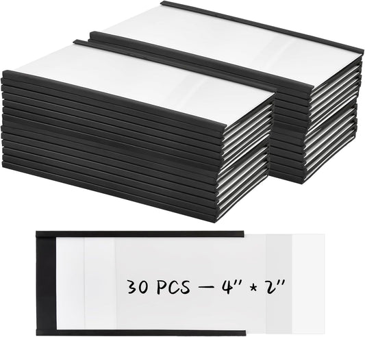 30 Pcs Magnetic Label Holder, 4 x 2 Inch C Channel Label Holders, Magnetic Data Card Holders with 60 White Card Inserts for Metal Shelf, Whiteboard, File Cabinet