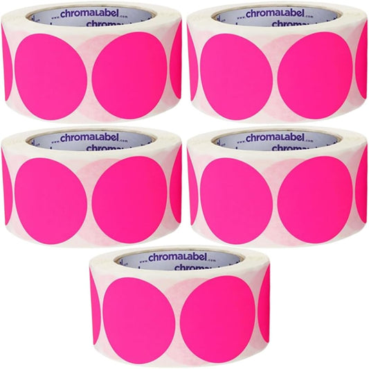 ChromaLabel 2 Inch Round Colored Stickers, Sticky Dots Color Coding Labels, Easy to Write On Colored Dot Stickers - 500 Sticker Labels per Roll, Matte Finish Fluorescent Pink - Case of 5