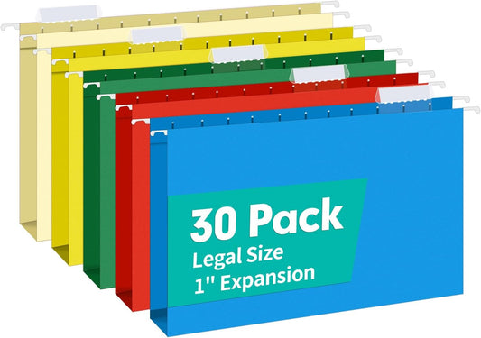 HERKKA Extra Capacity Legal Size Hanging File Folders, 30 Pack Reinforced Legal Size Hanging Folders with Heavy Duty 1 Inch Expansion, Designed for Bulky Files, Medical Charts, Assorted Colors