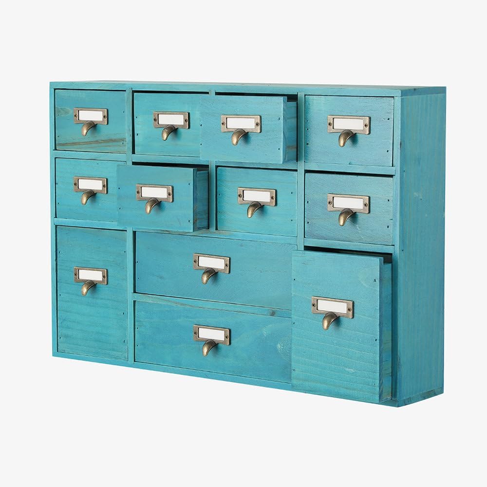 12 Drawers Apothecary Cabinet with Drawers Tabletop Apothecary Drawers Library Card Catalog Cabinet Medicine Cabinets Wood Desk Organizer Wooden Storage Box (Blue)