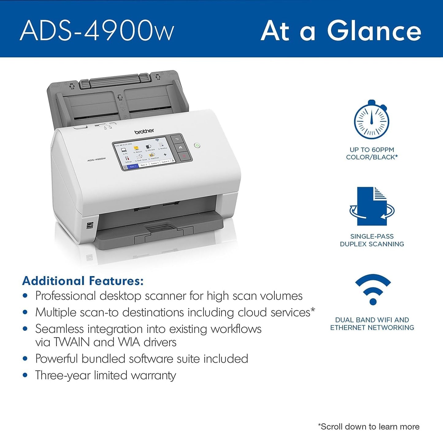 Brother ADS-4900W Professional Desktop Scanner with Fast Scan Speeds, Duplex, Wireless, and Large Touchscreen, White