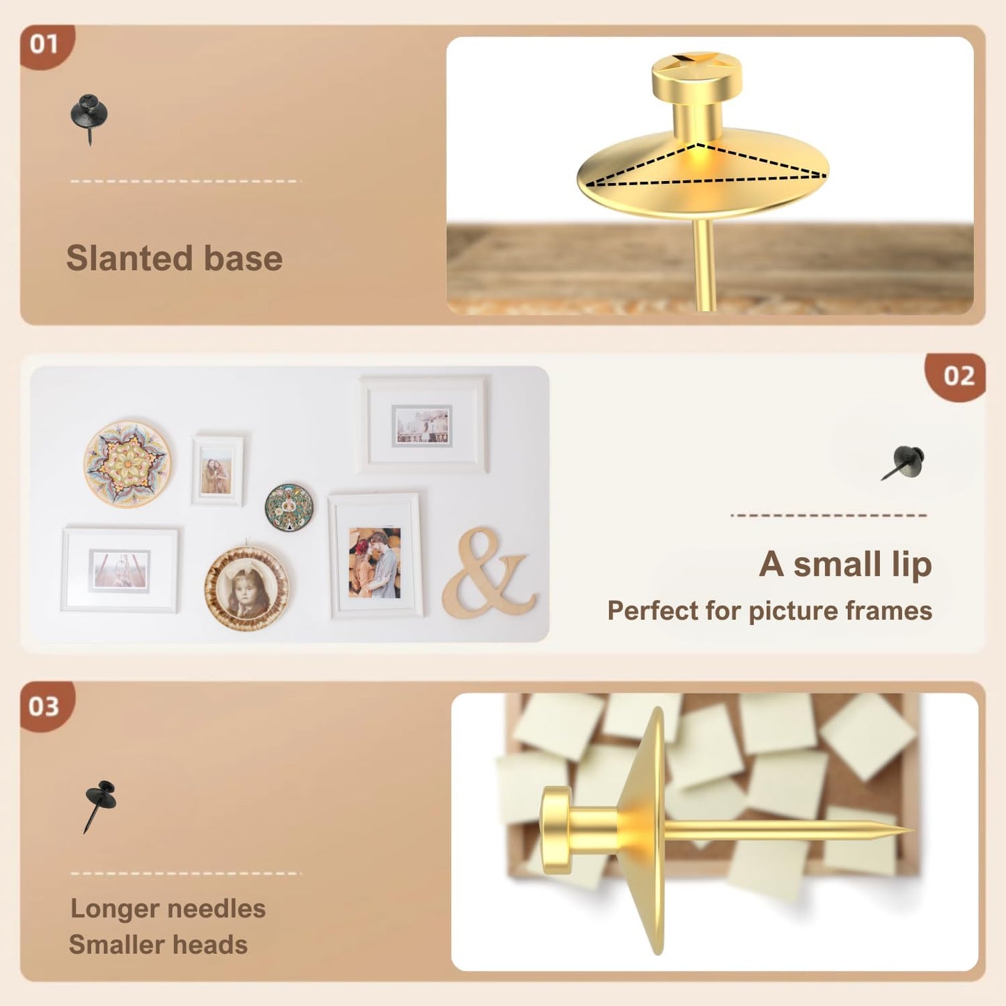 50pcs Gold Thumb Tacks for Picture Hangers - Heavy Duty Push Pins, Double Headed Thumbtacks for Hanging, Metal Wall Tacks, Pins, Nails, Hooks (Gold)