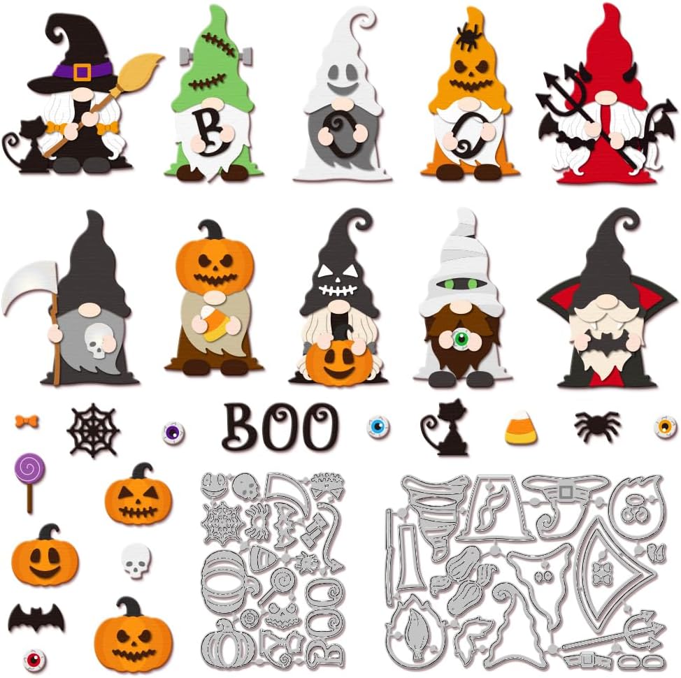 GLOBLELAND Halloween Gnome Cutting Dies for Card Making Pumpkin Bat Spider Cut Die for DIY Scrapbooking Journal Embossing Paper Craft Decor