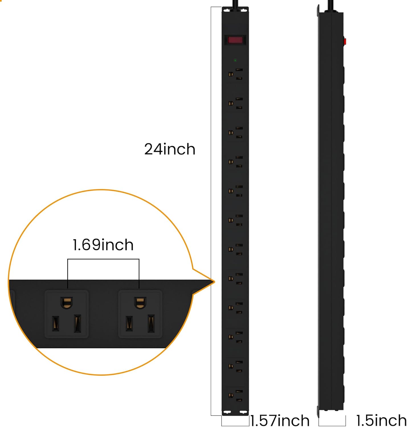 12 Outlet Long Power Strip Surge Protector with 2100 Joules, 3FT Power Cord, Wide Spaced Outlet Power Bar, Overload Protection Switch, Industrial Heavy Duty for Work Bench, Shop, Garage (Black),2 Pack