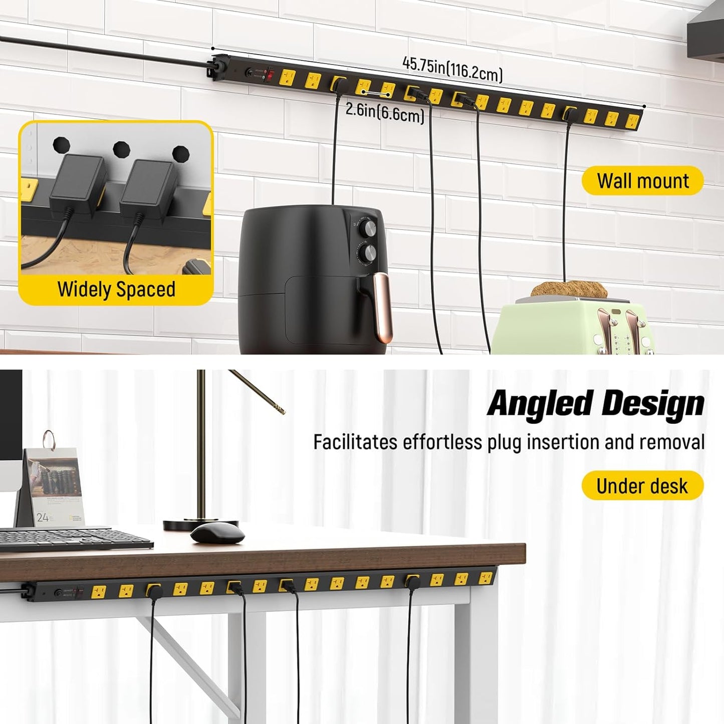 HHSOET 16 Outlet Long Power Strip, 15FT Heavy Duty Power Strip with 4800J Surge Protection, 20a Mountable Wide-Spaced Outlets for Home, Office, Garage & Workshop - ETL Certified