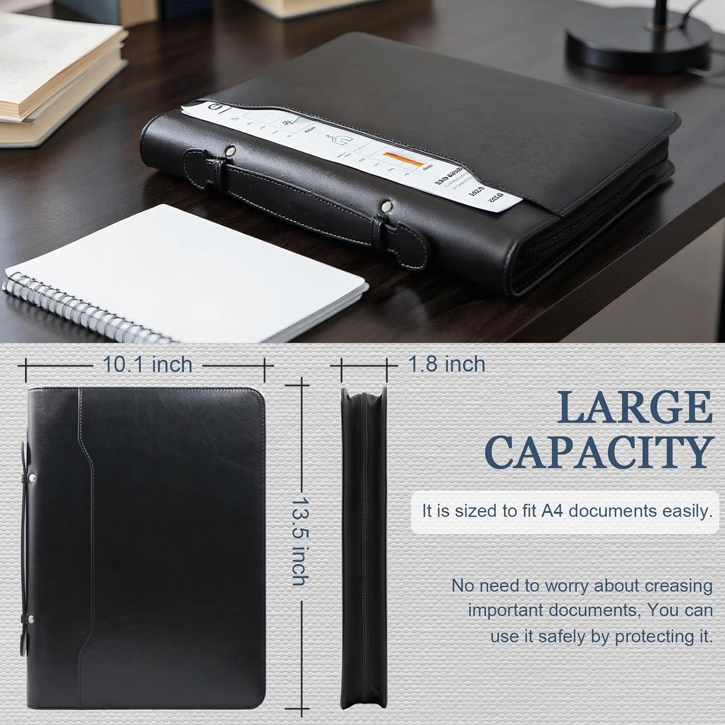 Faux Leather Portfolio Binder with Handle & Clipboard, Zippered Padfolio Folder Organizer 3 Ring Binder for Document, Business Card Holder, Professional Portfolio Notebook for Men & Women (Black)