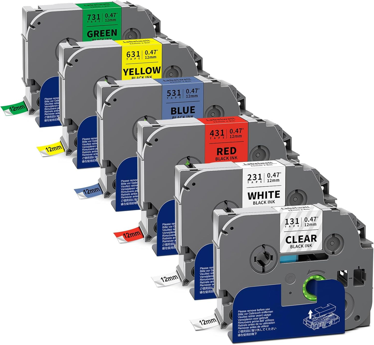 6-Pack TZe 12mm 0.47 Laminated Multi Color Compatible for P Touch Label Tape TZ TZe-231 131 431 531 631 for PTouch PT-H110 D210 D220 PT-H103W, Clear/White/Red/Blue/Yellow/Green
