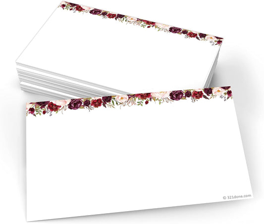 321Done Red Rose Floral Index Cards - Blank, No Lines - (50) Small 3x5 White Cards - For Studying, Learning, Flashcards, Desk Notes, Messages, Notecards, Card Making - Cute, Pretty - Made in the USA