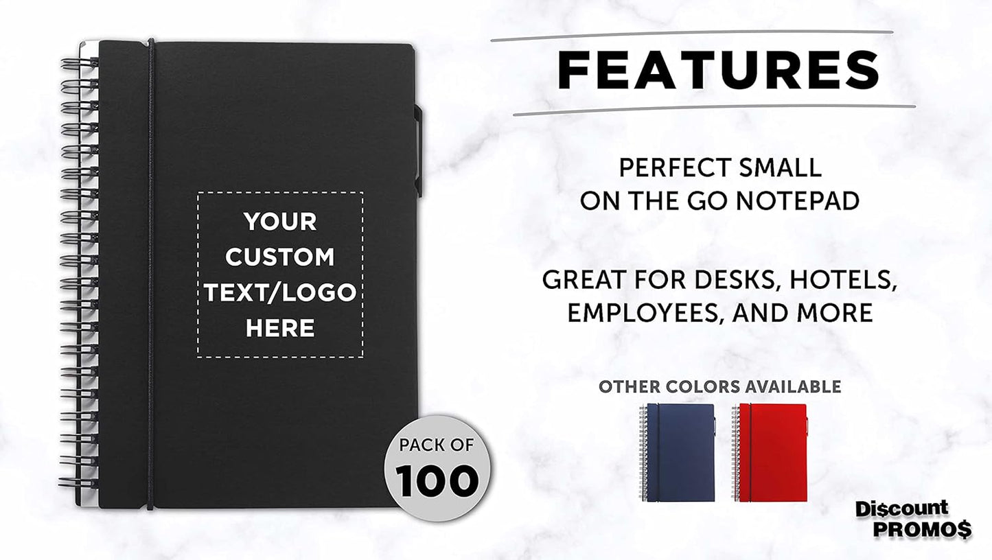 DISCOUNT PROMOS Custom Spiral Notebooks with Elastic Closure Set of 100, Personalized Bulk Pack - Perfect for School, Office, Business and More - Black