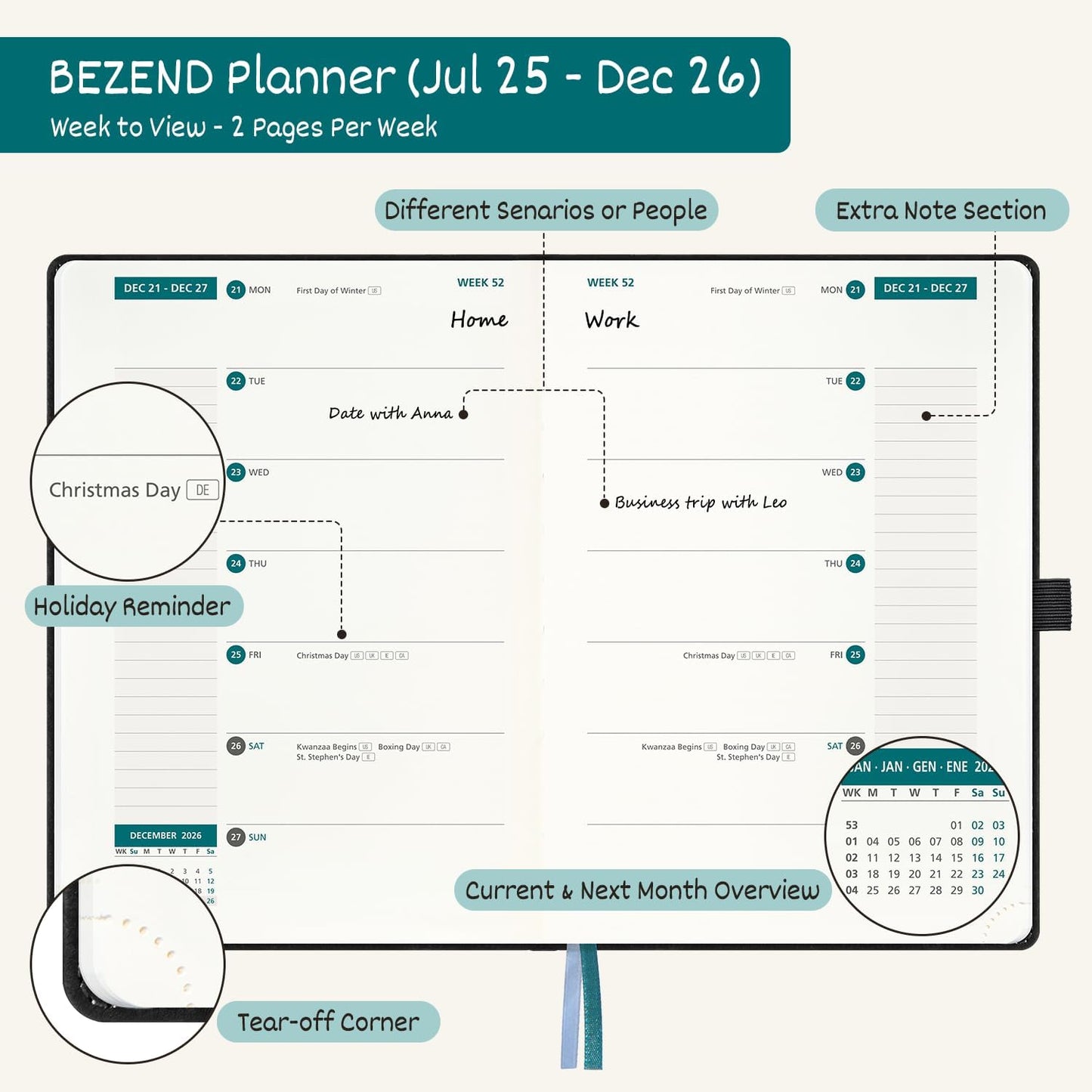 BEZEND Weekly Planner 2025-2026 with 2 Columns, 8.5" x 11" Academic Calendar 18 Months (Jul 25-Dec 26) Life Work Appointment Book with Monthly Tab, PU Leather Hardcover - Evergreen