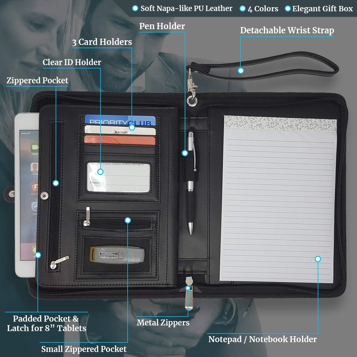 Customized Black Zippered Portfolio Binder with Junior Legal 5x8 Notepad - Engraved PU Leather Business Padfolio Organizer Folder with 8" Tablet Sleeve & Gift Box by Lautus Designs