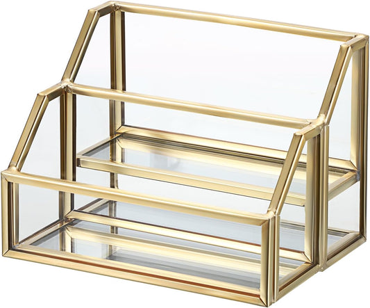 Hipiwe Glass Business Card Holder 2 Slots Gold Business Card Stand Mirrored Base Name Display Holder for Desk Multiple Clear Business Card Holder Display for Office