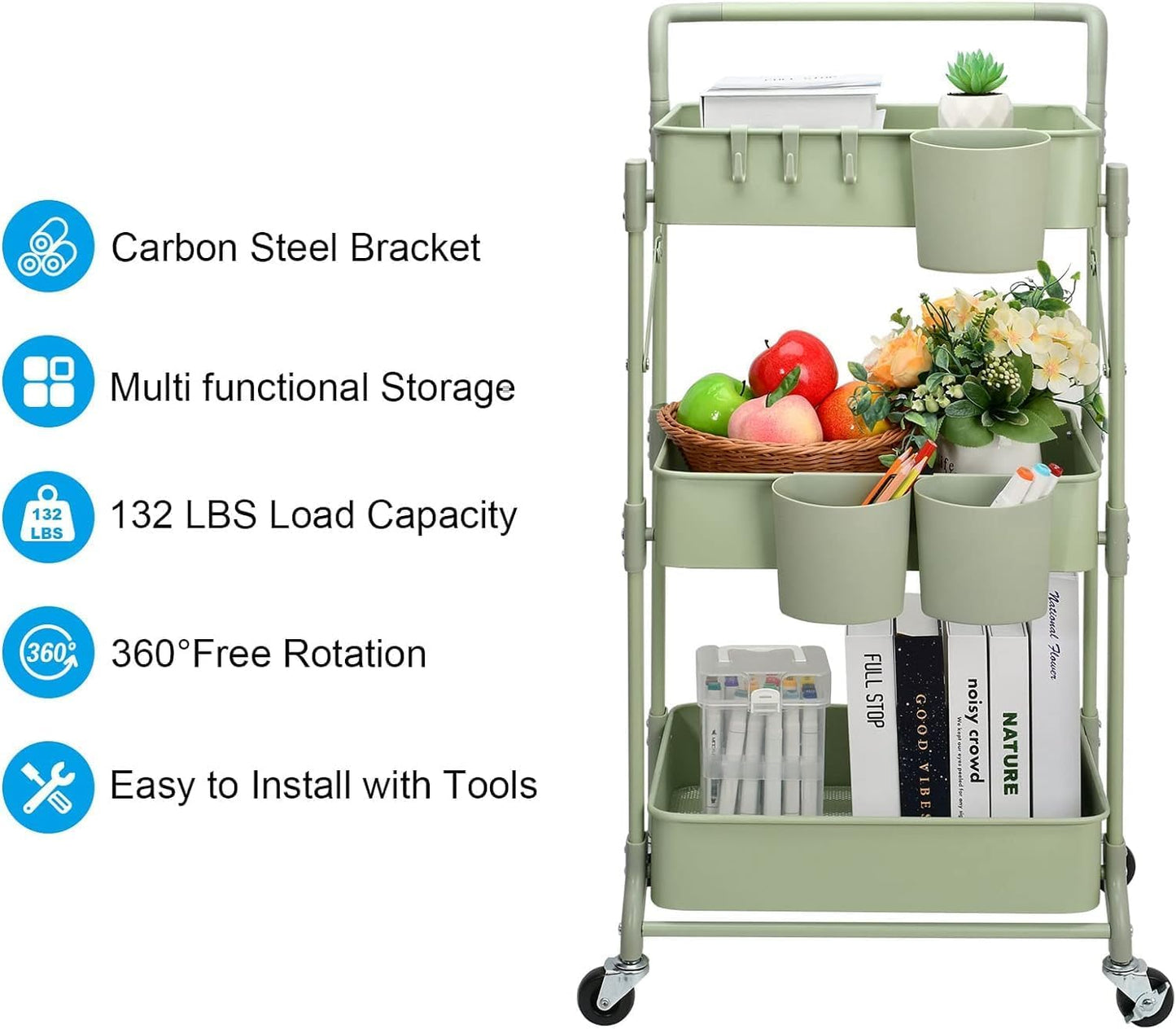 Foldable 3 Tier Rolling Cart, Metal Utility Cart, Folding Mobile Multi-Function Storage Trolley Organizer Cart for Home Library Office(Green)