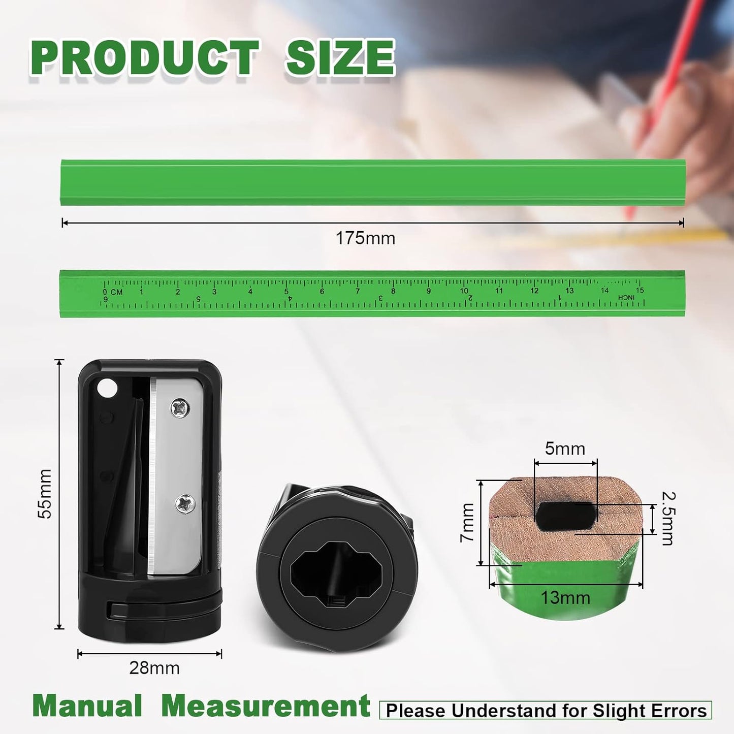 Honoson 200 Pcs Flat Construction Pencils with Printed Ruler Wood Graphite 2 Pcs Carpenter Pencil Sharpener for Woodworking Marking Tool(Green)