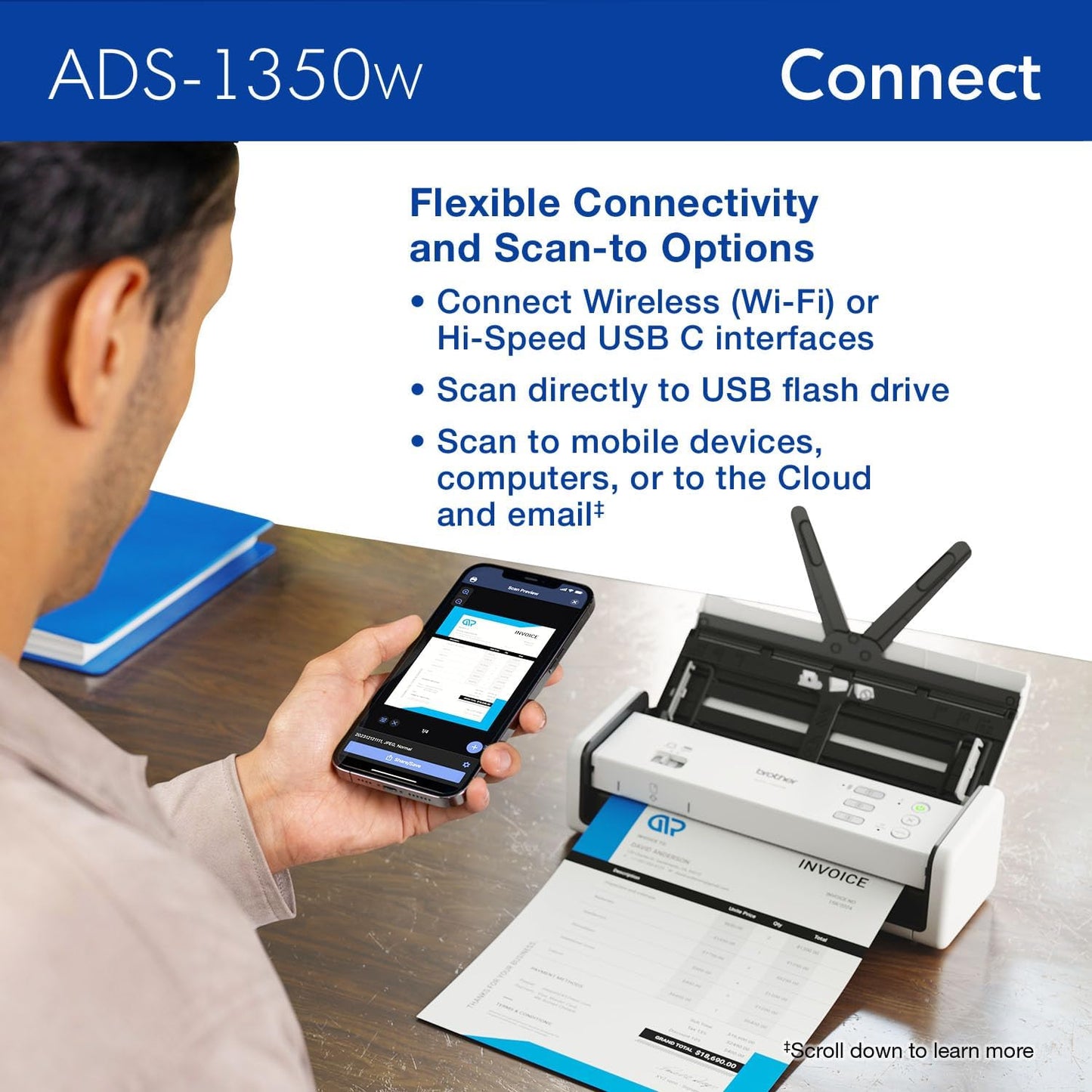 Brother ADS-1350W Wireless Compact Desktop Scanner | Scan Speeds of Up to 30ppm | Single Pass Double-Sided Scanning